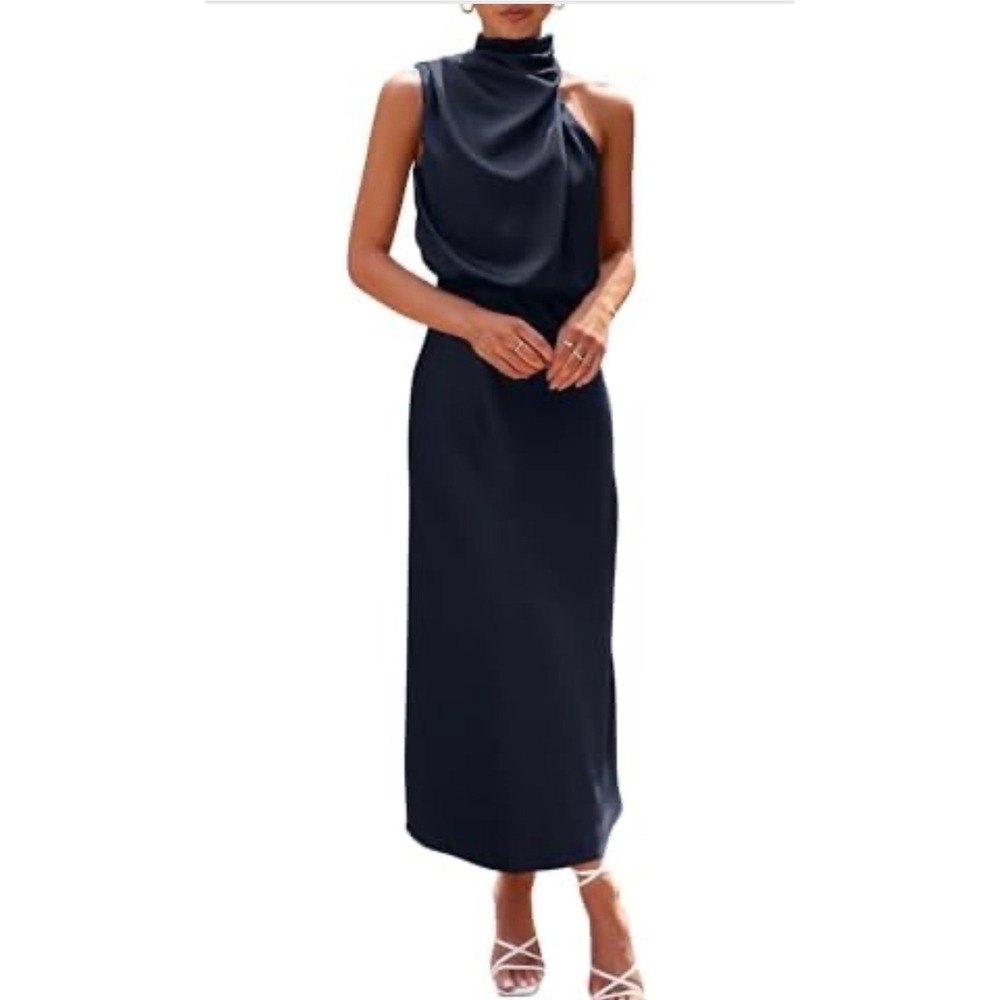 PRETTYGARDEN Women Navy Blue Satin Mock Neck Maxi Dress XL Asymmetrical Cocktail
